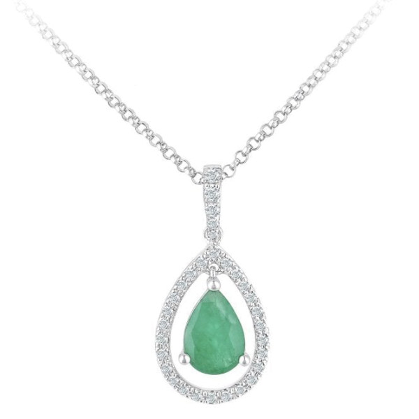 18ct White Gold Diamond & 0.59ct Emerald Pendant