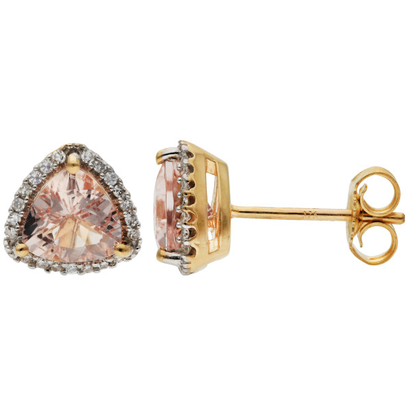 9ct Yellow Gold Morganite Trillion Cut Halo Stud Earrings