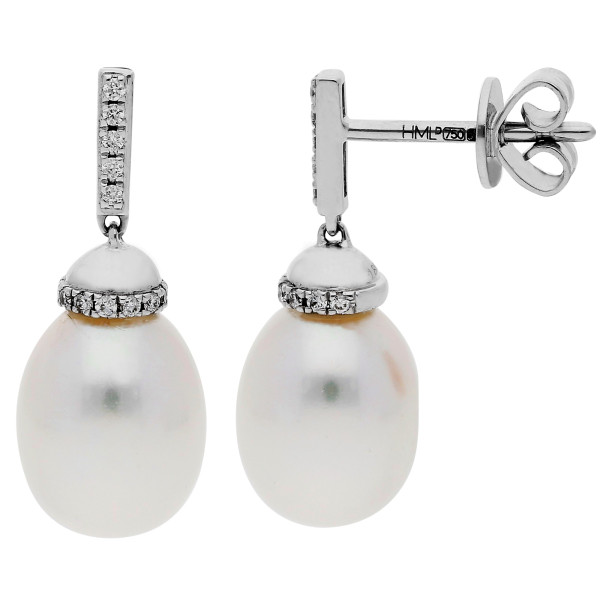 18ct White Gold Pearl & Diamond Drop Earrings