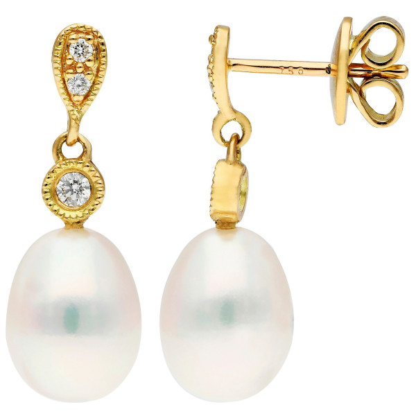18ct Yellow Gold 7.5-8mmTeardrop Cultured River Pearl & Diamond Drop Earrings