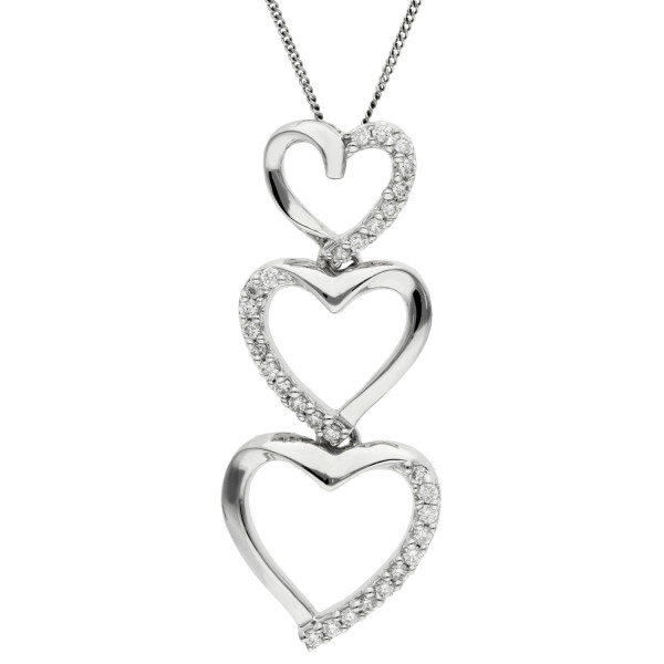 9ct White Gold & Diamond Triple Heart Pendant