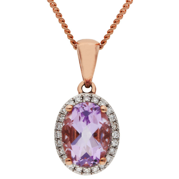 9ct Rose Gold Pink Amethyst & Diamond Oval Halo Pendant