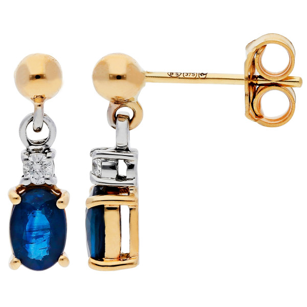 9ct Yellow & White Gold 6mm Sapphire & Diamond Oval Drop Earrings