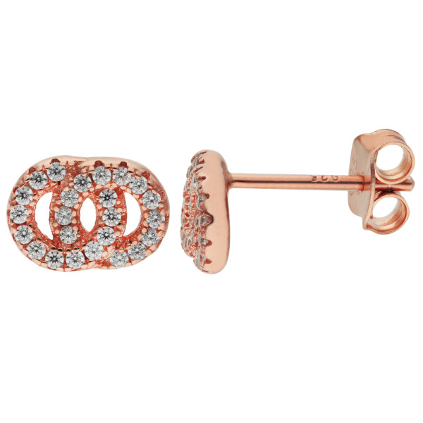 Sterling Silver & Rose Plated Cubic Zirconia Interlocking Circles Stud Earrings