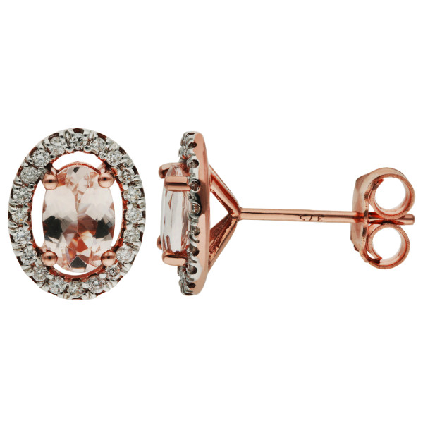 9ct Rose Gold 6mm Morganite & Diamond Cluster Oval Shape Stud Earrings