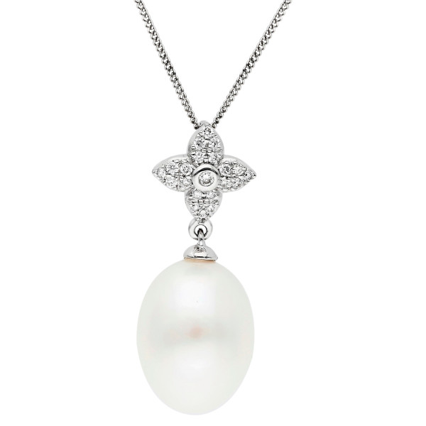 18ct White Gold Pearl & Diamond Flower Drop Pendant