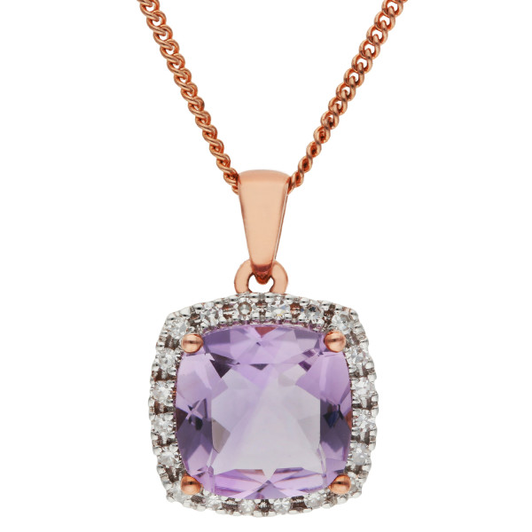 9ct Rose Gold Pink Amethyst & Diamond Halo Cluster Pendant