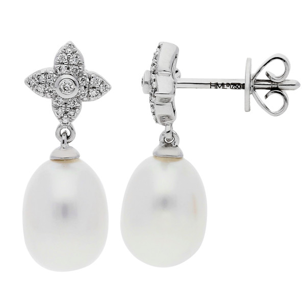 18ct White Gold Pearl & Diamond Flower Drop Earrings