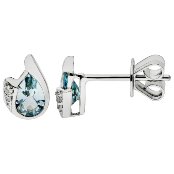9ct White Gold Aquamarine & Diamond Curl Stud Earrings
