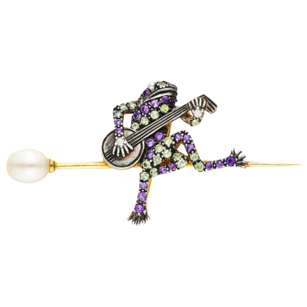 Silver & Gold Peridot Amethyst & Pearl Frog Brooch